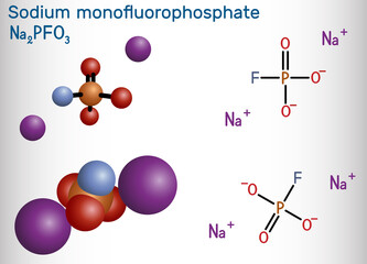 Sodium monofluorophosphate, MFP, Na2PO3F molecule. It is inorganic phosphate, antibacterial agent, protect against cavities. Structural chemical formula, molecule model