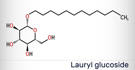 Lauryl glucoside, dodecyl glucoside molecule. It is non-ionic surfactant used in cosmetics and laundry detergents. Skeletal chemical formula