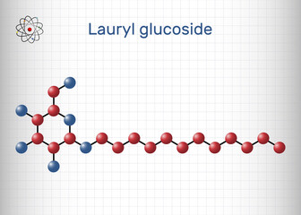Lauryl glucoside, dodecyl glucoside molecule. It is non-ionic surfactant used in cosmetics and laundry detergents. Sheet of paper in a cage