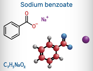 Sodium benzoate molecule. It is antimicrobial, antifungal preservative in pharmaceutical preparations and foods with E number E211. Structural chemical formula, molecule model