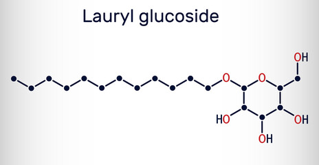 Lauryl glucoside, dodecyl glucoside molecule. It is non-ionic surfactant used in cosmetics and laundry detergents. Skeletal chemical formula