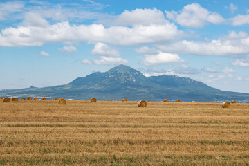 Obraz premium The region of the Caucasian Mineral Waters. Harvest time: a large round bale of hay on a mown summer meadow, photographed in close-up, with mountains surrounding fields in the background.
