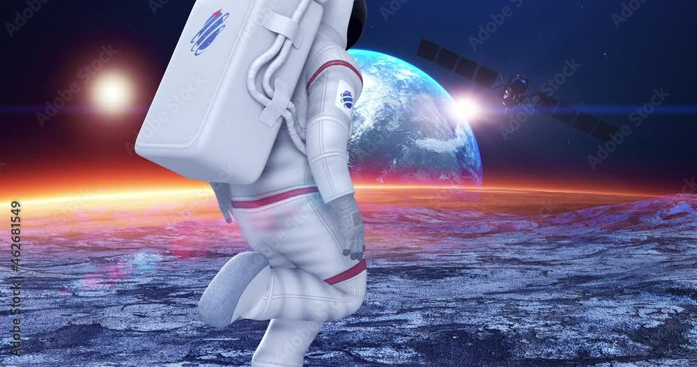 Wall mural astronaut running on planet surface. moving fast. planet earth on background. space and technology r