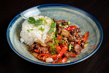 Baked pork meat stew with rice and soy sauce.