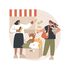Baby clothes trade-in abstract concept vector illustration. Used kids toys and clothes in exchange for cash or coupons, child fashion store, second hand, baby gear, resale shop abstract metaphor.