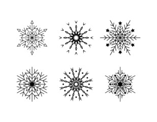 Set of simple snowflake of black lines. Festive decoration for New Year and Christmas