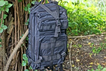 one large black tactical backpack hanging on the brown branches of a bush with green leaves in nature