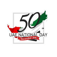 Tr: 50 UAE national day, Spirit of the union. Banner with the state border silhouette and UAE flag. Illustration logo of the 50 years Anniversary National day of United Arab Emirates 2 December 2021