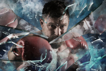 Boxer in red gloves player in action