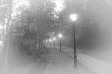 Beautiful view of a road with classic street lamps in the mist. Old look.