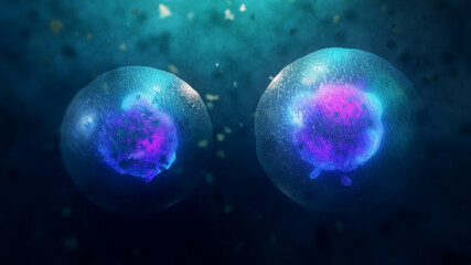 3D Concept of Cell division under a microscope. Cloning Cells. Cell mitosis concept.