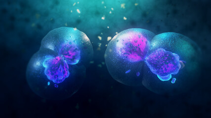 3D Rendering of Cell division under a microscope. Cloning Cells. Cell mitosis.