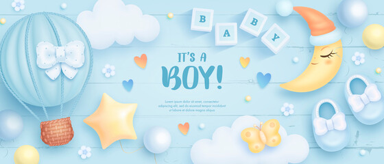 Baby shower horizontal banner with cartoon hot air balloon, shoes, crescent moon and helium balloons on blue background. It's a boy. Vector illustration