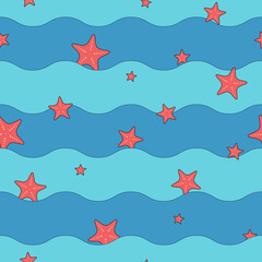 starfish and waves seamless pattern vector illustration