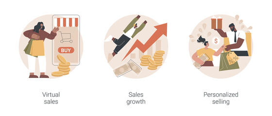 Sales manager abstract concept vector illustration set. Virtual sales, client database growth, personalized selling, telemarketing and virtual call center, brand representative abstract metaphor.