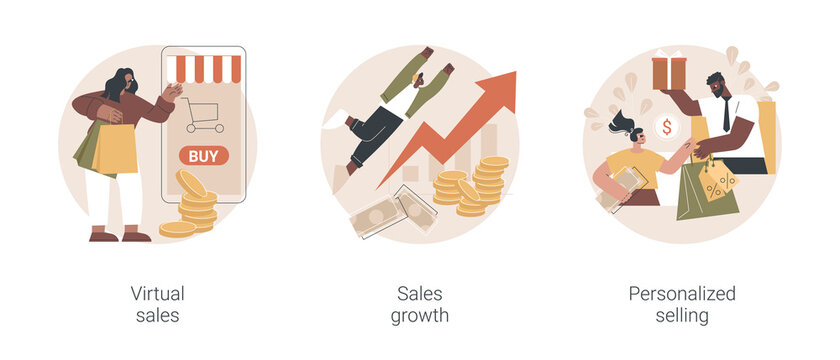 Sales Manager Abstract Concept Vector Illustration Set. Virtual Sales, Client Database Growth, Personalized Selling, Telemarketing And Virtual Call Center, Brand Representative Abstract Metaphor.