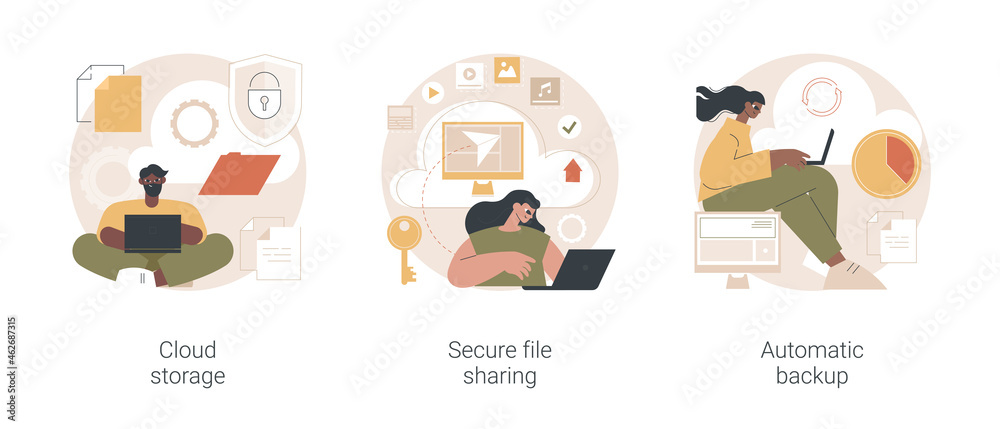 Poster database security abstract concept vector illustration set. cloud storage, secure file sharing, auto