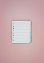 Open small notebook with blue and beige bookmarks on peach background