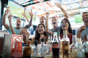 Excited fans cheering in a sports bar