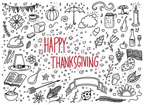 Thanksgiving hand drawn vector doodles set