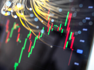 Close-up of computer monitor displaying stock market graphs