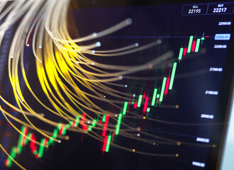 Close-up of computer monitor displaying stock market graphs