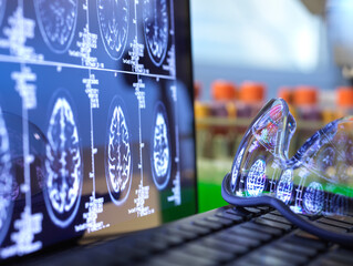 Brain scan results reflecting in protective glasses lying on laptop keyboard