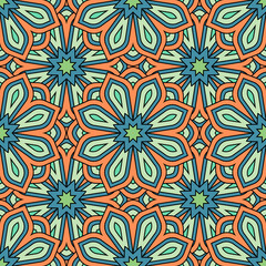 Abstract seamless backdrop. Design for prints, textile, decor, fabric. Round colorful endless texture in green, blue and orange colors