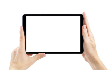 Tablet in male hands, isolated on white background