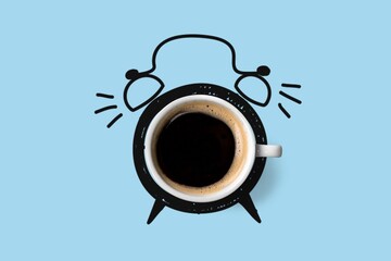 Creative composition with drawn alarm clock and cups of coffee