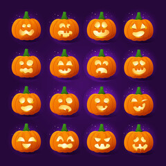 Cute Halloween pumpkin with smile set. Orange pumpkin with funny face on dark background. Cartoon carved jack o lantern for the holiday Halloween. Gourd glowing with light. 