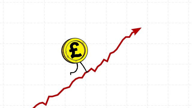 British pound rate still goes up seamless loop. Walking up coin. Bitcoin character rising fast. Funny business cartoon.