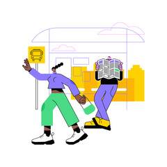 Bus station abstract concept vector illustration. Bus stop, pick up drop off passengers, station depot, traveler waiting, stressed people, rush hour, public transport, billboard abstract metaphor.