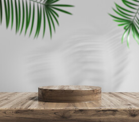 3d rendering wooden cylinder podium, natures and white wall