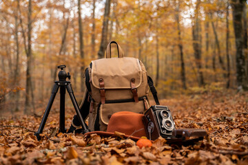 Photographic equipment with backpack and hat in autumnal forest