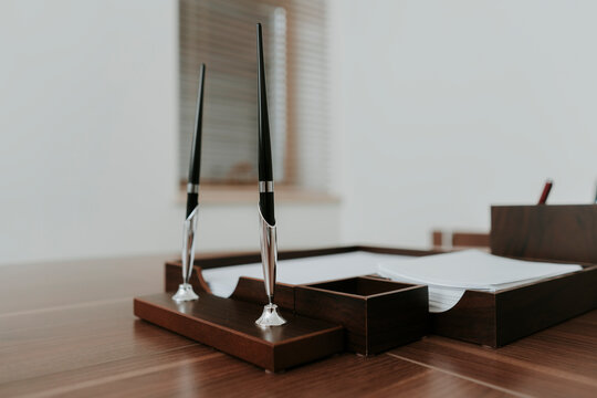 Neat wooden desk in office