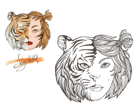 Tiger Girl Face. Linear and colored vector drawing
