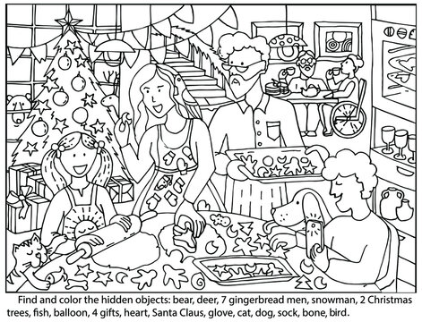 Christmas Puzzle game. Find and coloring Hidden Objects. Happy family cooking in kitchen. Grandparents, parents and children together bake cookies. Son captures moments on the phone. Hand drawn vector