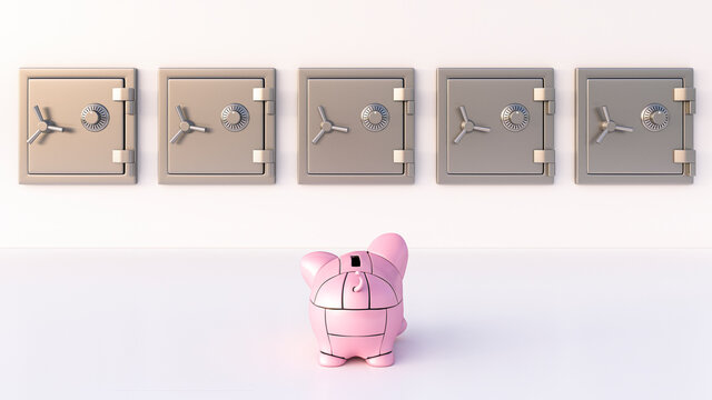 Rendering Of Pink Robot Piggy Bank In Front Of Vaults