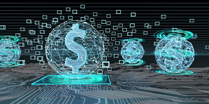 Dollar currency based on blockchain technology, 3D Illustration