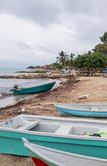 Naklejka na ściany i meble Isla Fuerte, Bolivar, Colombia. January 2, 2020: Boats on the shore, Isla Fuerte.