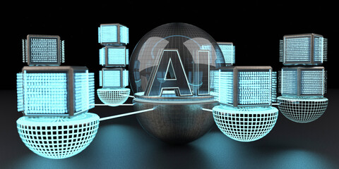 3D rendering, Text AI under a glass dome connencted to a network of digital cubic units
