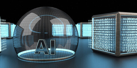 3D rendering, Digital cubic units feeding bubble of AI, artificial intelligence