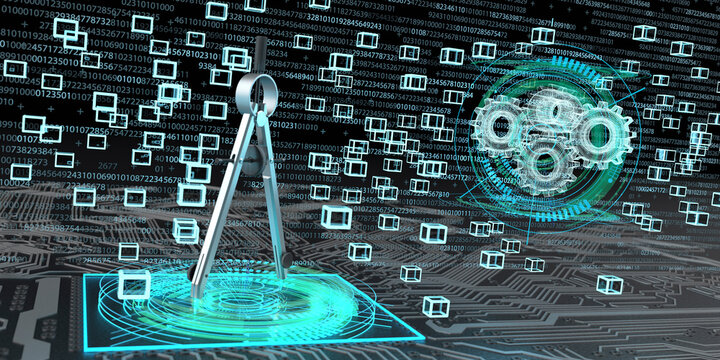 Digital engineering, compasses on a board with blocks and gears as hologram, 3d illustration