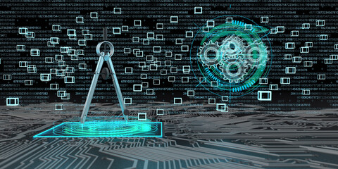 Digital engineering, compasses on a board with blocks and gears as hologram, 3d illustration
