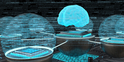 Developent of the artificial intelligence, Human brain with networked microchips, 3D Illustration