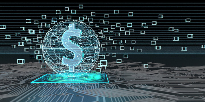 Dollar currency based on blockchain technology, 3D Illustration