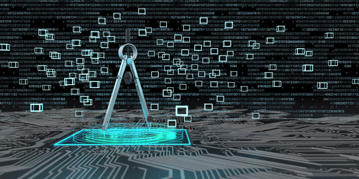 Digital engineering , compasses on a board with blocks and holograms, 3d illustration