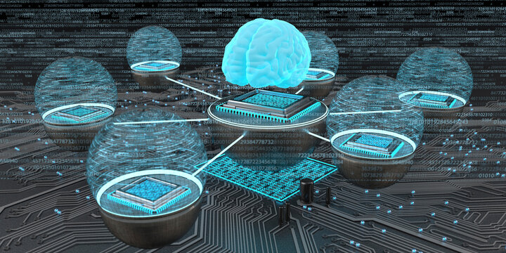 Developent of the artificial intelligence, Human brain with networked microchips, 3D Illustration