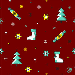 Christmas and Happy New Year seamless pattern with Christmas toys and gifts. Trendy retro style. Colorful cute christmas elements seamless background pattern.